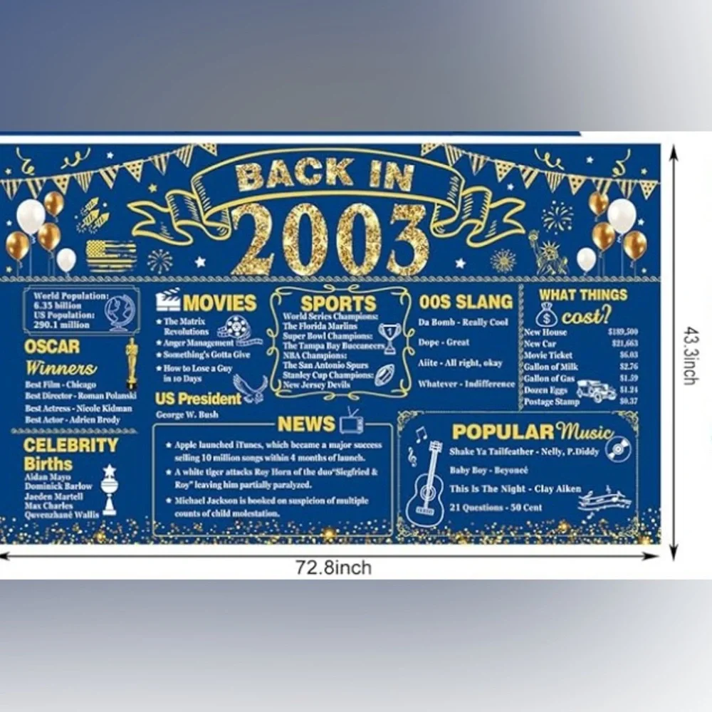 Back in 2003 birthday backdrop, 43 x 72, blue and gold